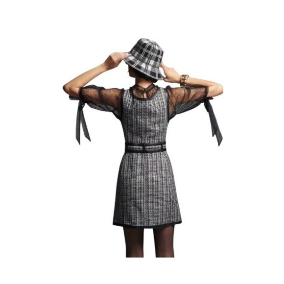 Maeve By Anthropologie Tweed Belted Mini Dress Size 12 Black & White Sleeveless - Picture 6 of 11